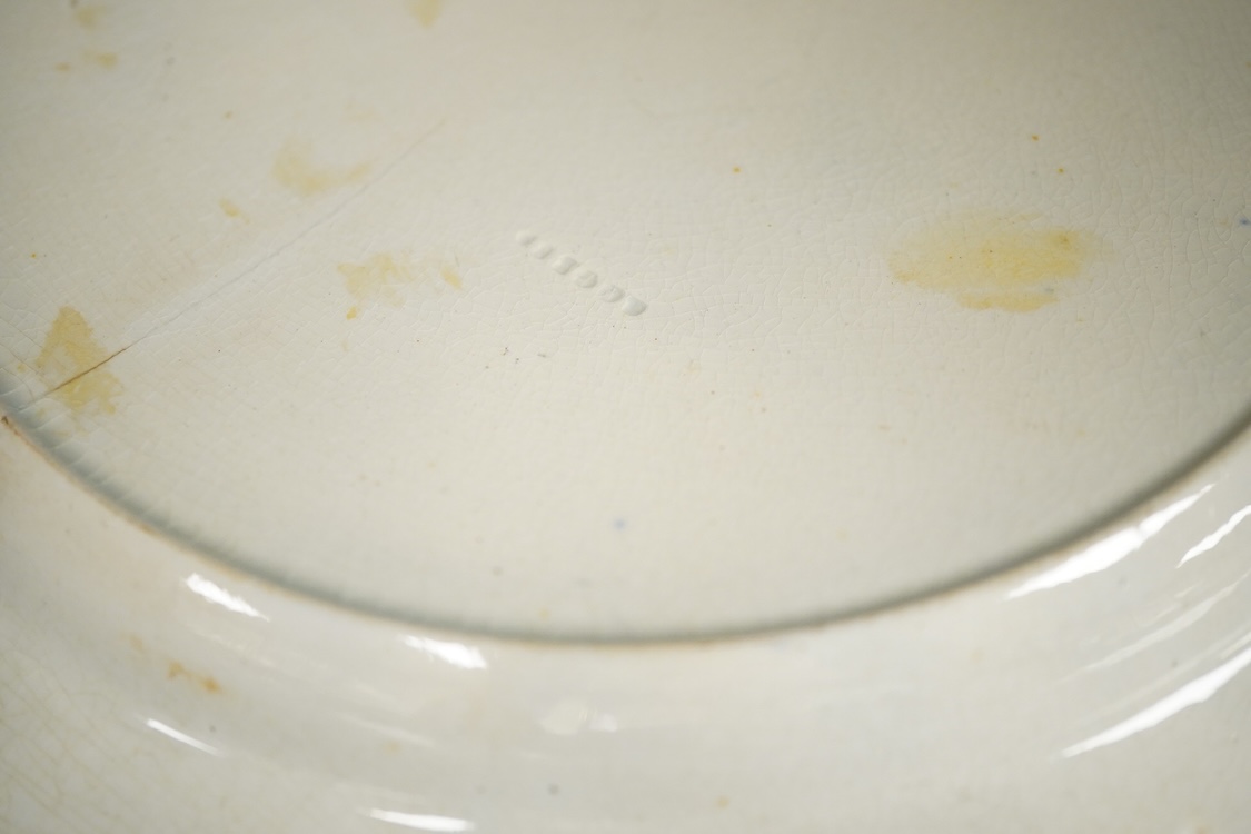A Victorian blue and white pottery dish and two plates, one Wedgwood, largest 43cm